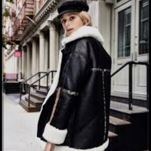 Women's Black and Tan Leather Shearling Teddy Jacket